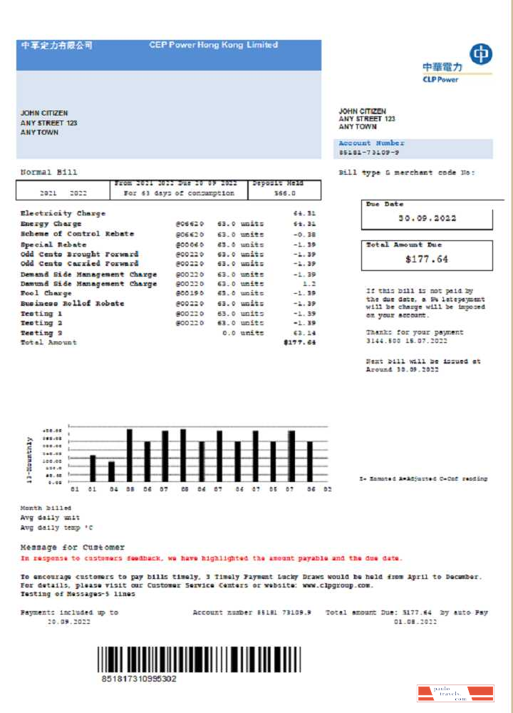 Hong Kong CLP Power Hong Kong Limited utility bill